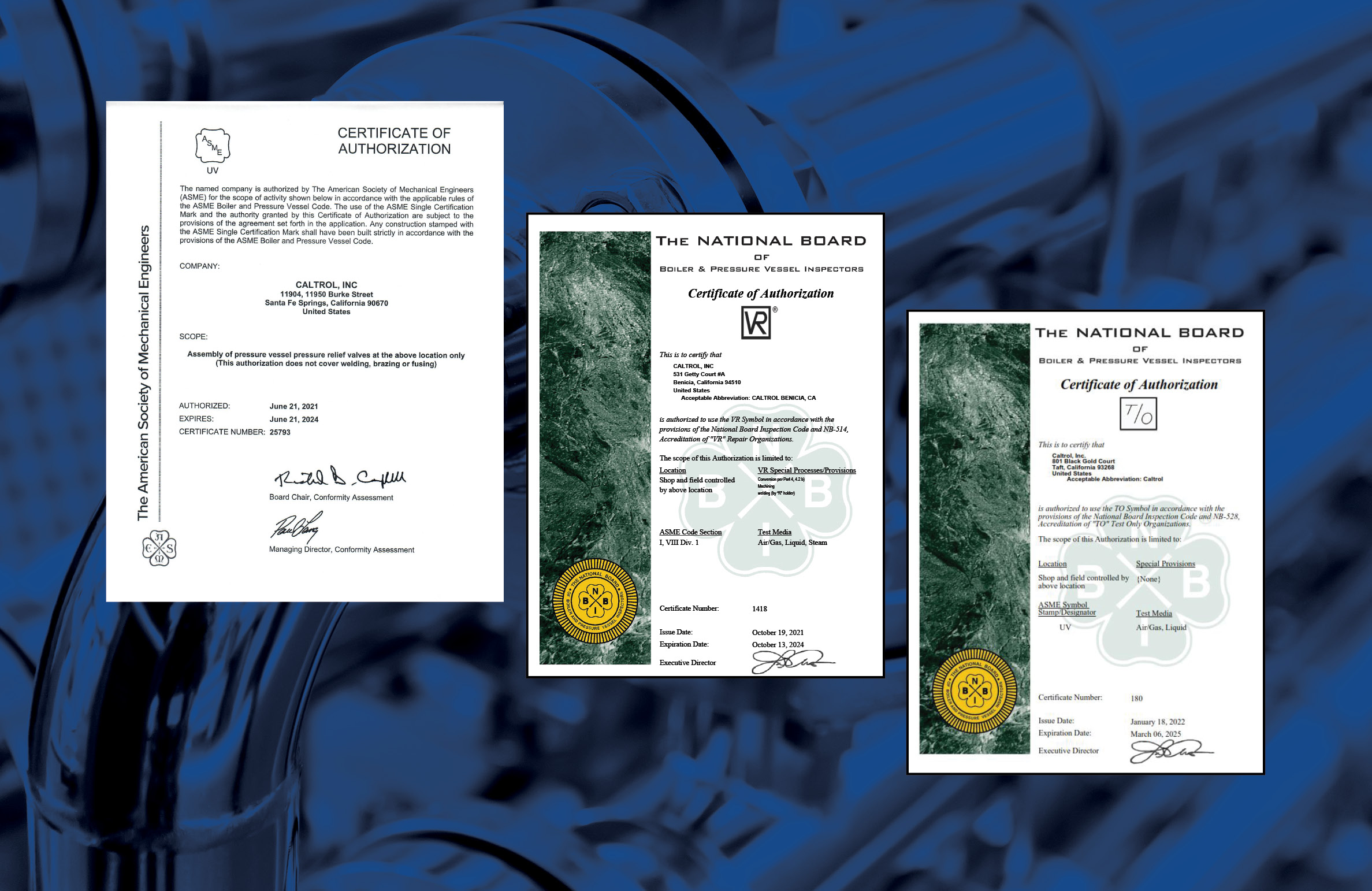 Caltrol offers National Board certified repair of safety and relief valves regardless of manufacturer, media or pressure class.  